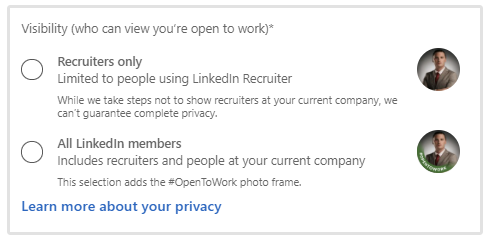 LinkedIn open to work visibility settings